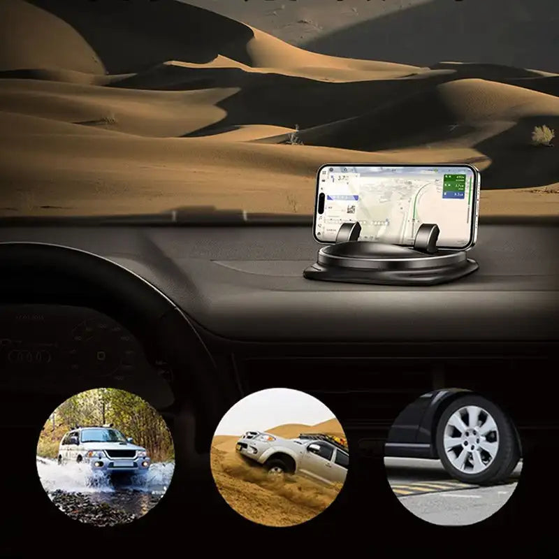 Supporto telefono auto rotante 360° compatibile 4-6.5 pollici. Installazione su cruscotto o bocchetta aria, colore nero.