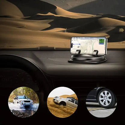 Supporto telefono auto rotante 360° compatibile 4-6.5 pollici. Installazione su cruscotto o bocchetta aria, colore nero.