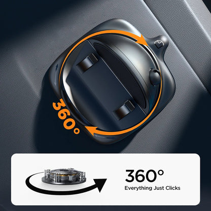 Supporto telefono auto rotante 360° compatibile 4-6.5 pollici. Installazione su cruscotto o bocchetta aria, colore nero.
