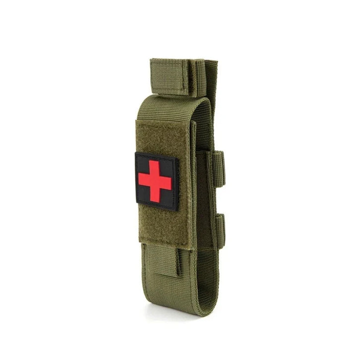 Tactical first aid pouch for tourniquet, black nylon construction with MOLLE system for easy carry.