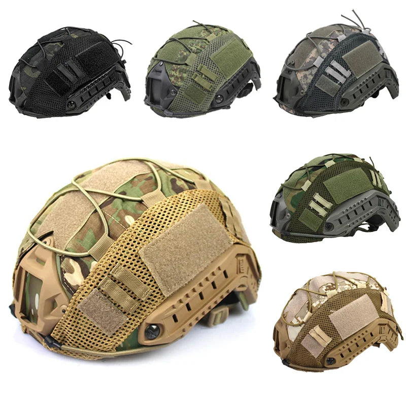 Tactical camouflage helmet cover for FAST helmets, durable military gear for airsoft and paintball
