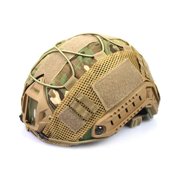 Green camouflage tactical helmet cover for FAST helmets, providing head protection for airsoft players