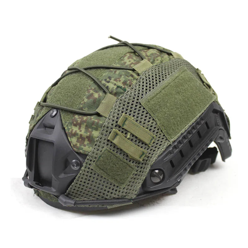 Side view of tactical helmet cover on a FAST helmet, enhancing camouflage for airsoft and paintball