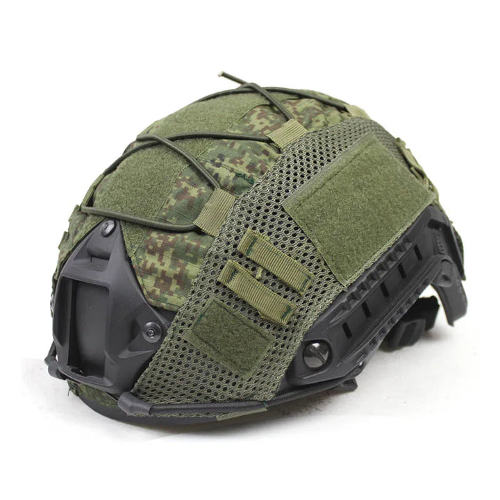 Side view of tactical helmet cover on a FAST helmet, enhancing camouflage for airsoft and paintball