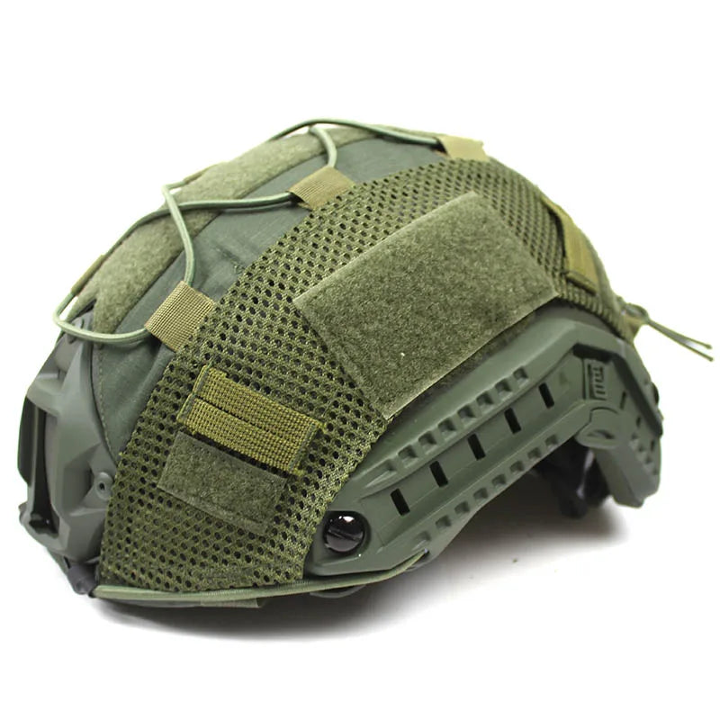 Black tactical helmet cover for FAST helmets, versatile gear for airsoft, paintball, and training