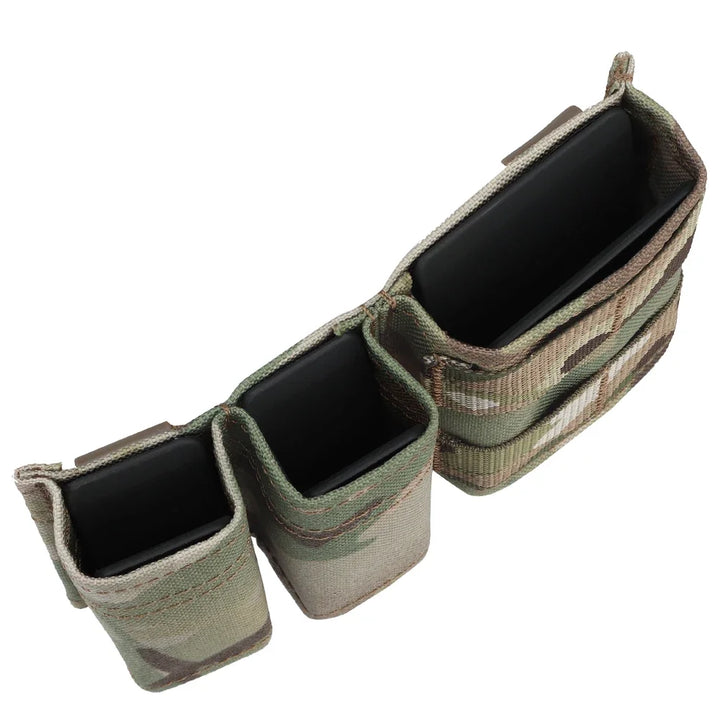 Nylon tactical magazine holder with MOLLE system, perfect for 9mm and 5.56mm military gear.