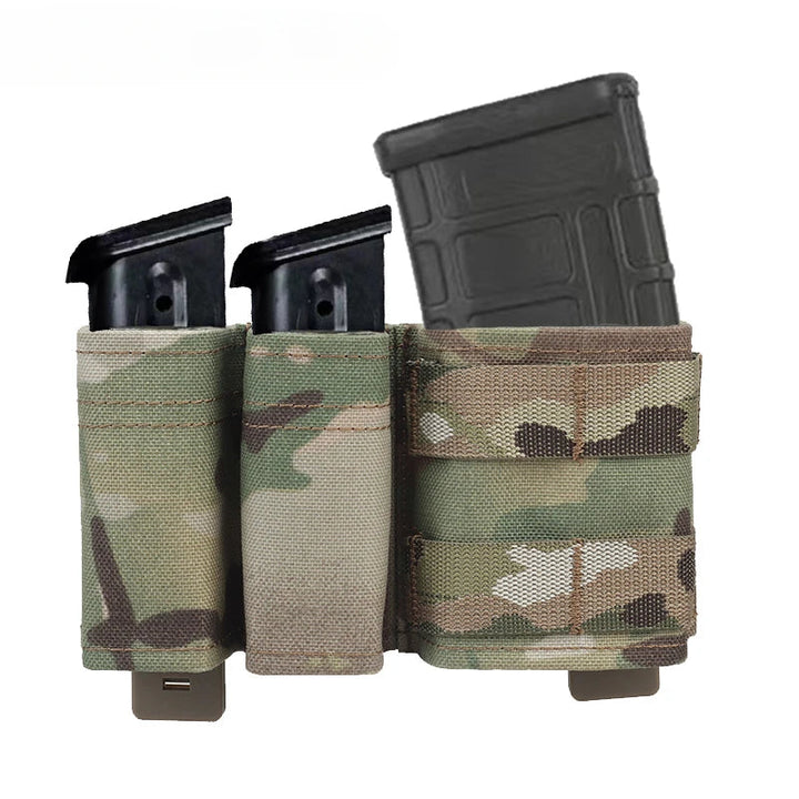Tactical double magazine pouch, open top, black nylon, holds 9mm and 5.56 rounds, MOLLE compatible