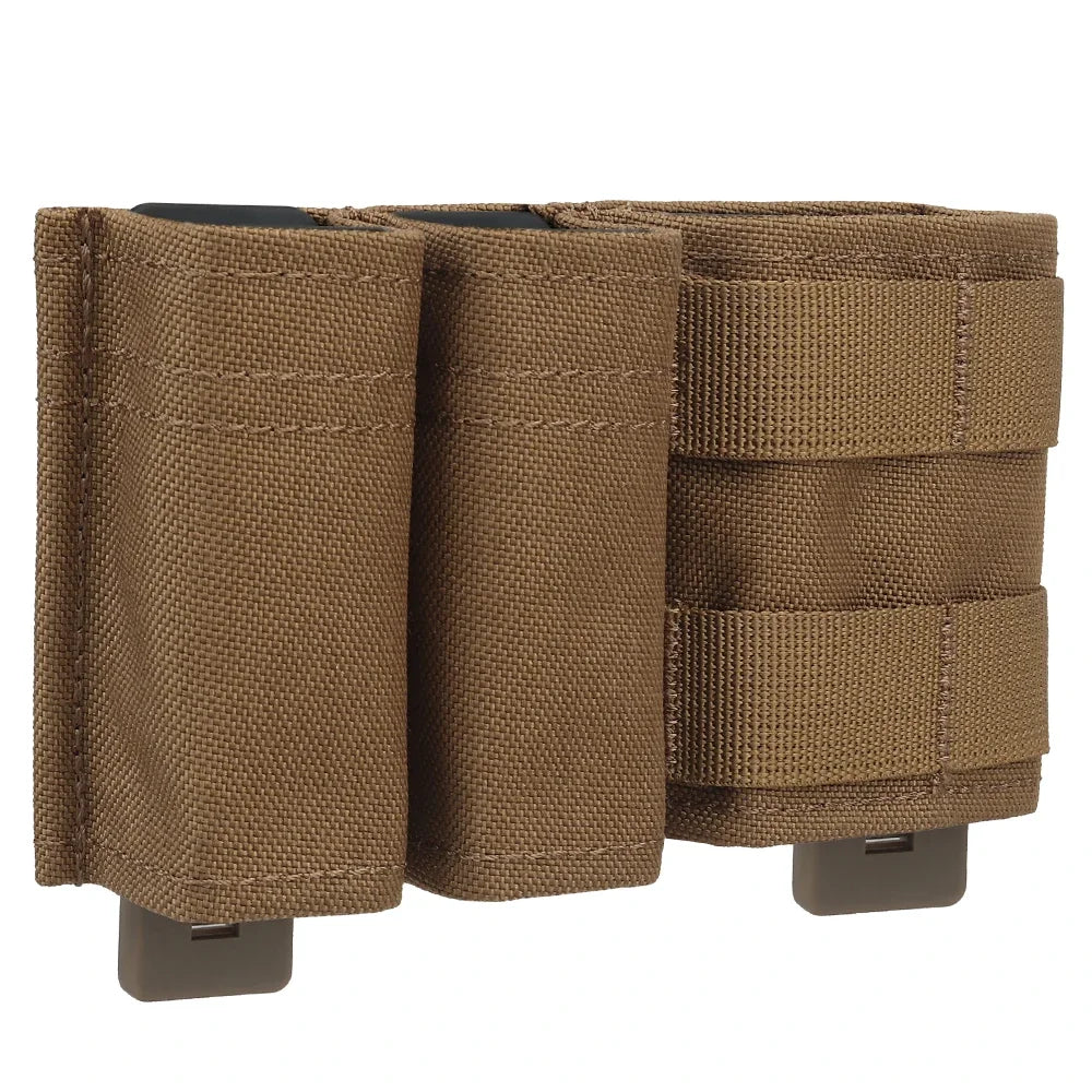 Tactical double pouch for 9mm and 5.56, shown attached to a vest, durable nylon mag holder