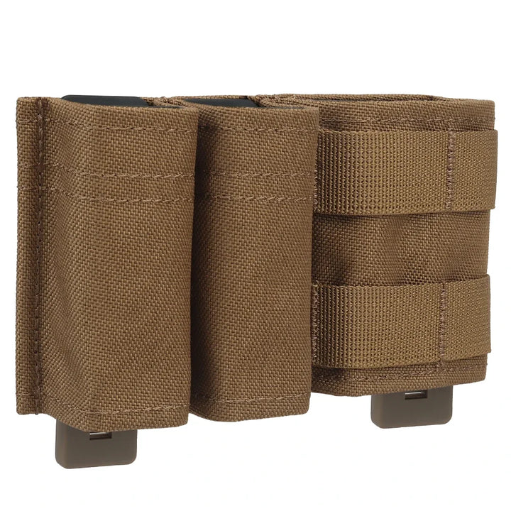 Tactical double pouch for 9mm and 5.56, shown attached to a vest, durable nylon mag holder