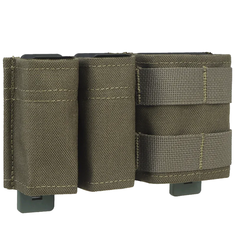 Green tactical double magazine pouch, open top design, ideal for carrying 9mm and 5.56 rounds