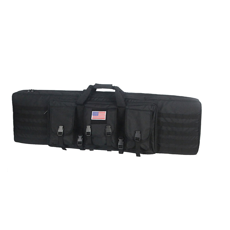Black tactical backpack with two rifle sleeves, durable for demanding use