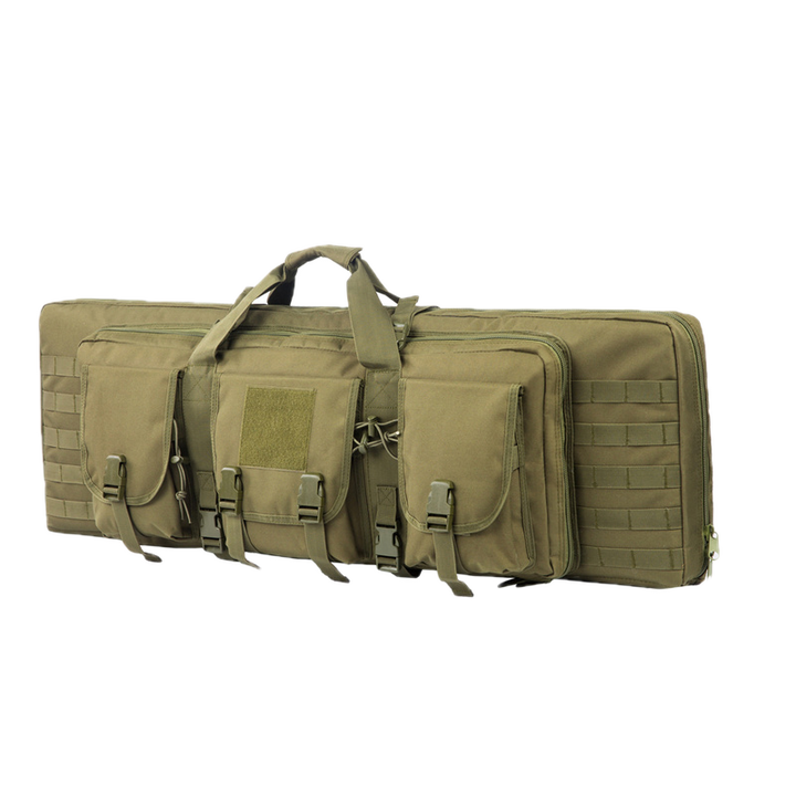 Military-style rifle backpack, rugged exterior, internal straps to secure rifles