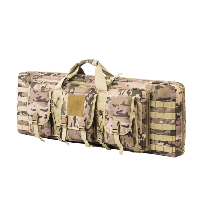 Outdoor shooting rifle backpack, weather-resistant fabric, carries two firearms