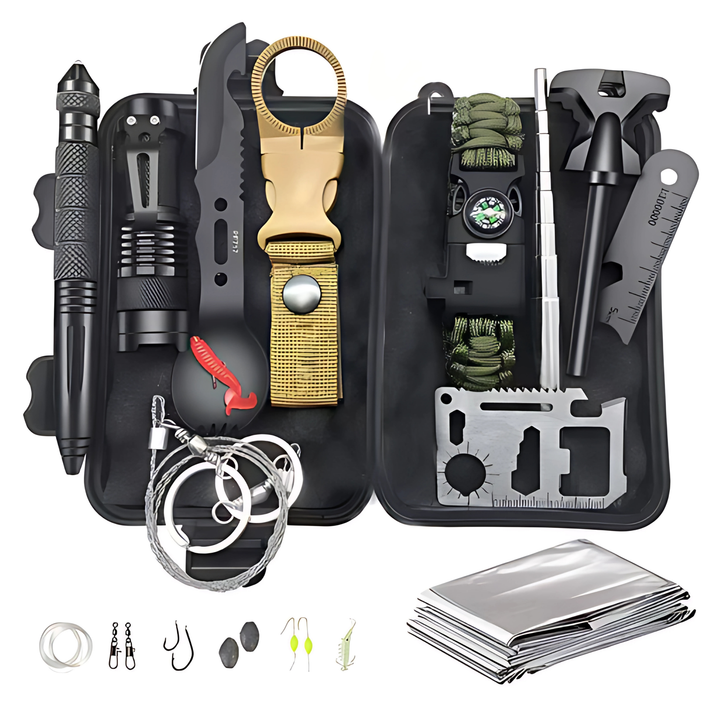 Tactical emergency survival kit with various tools, ideal for outdoor adventures and disaster preparedness.
