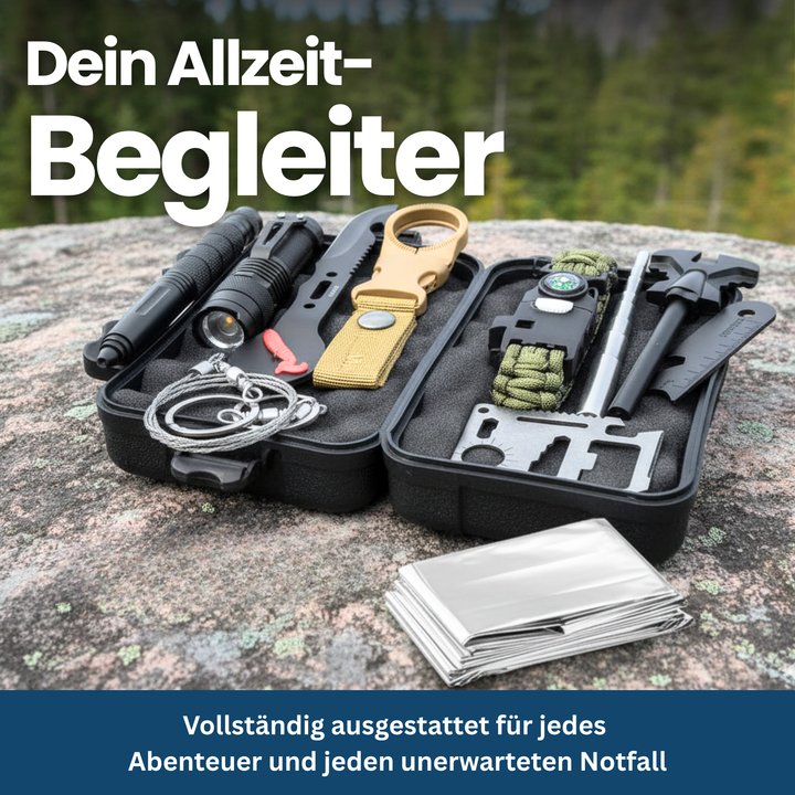 Compact tactical survival kit featuring first aid, multi-tool, and fire starter for wilderness readiness.