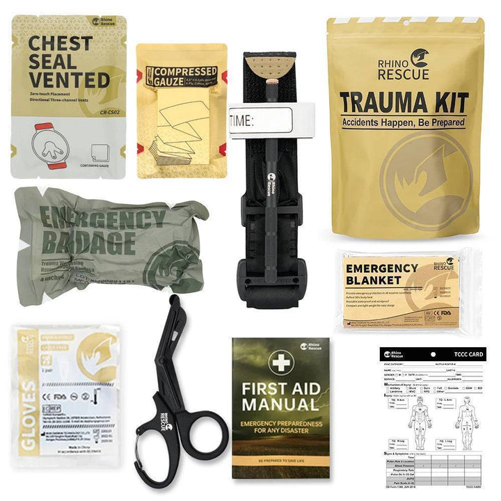 Open IFAK trauma kit for outdoor emergency, showing organized medical supplies and tourniquet