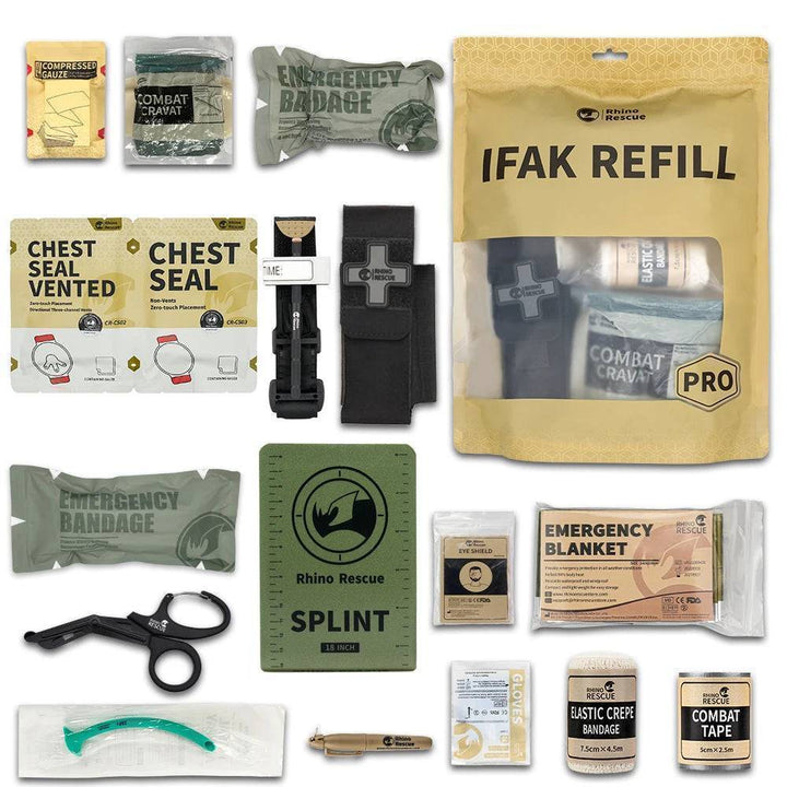 Essential outdoor first aid kit contents: bandages, gauze, and tourniquet for wound care