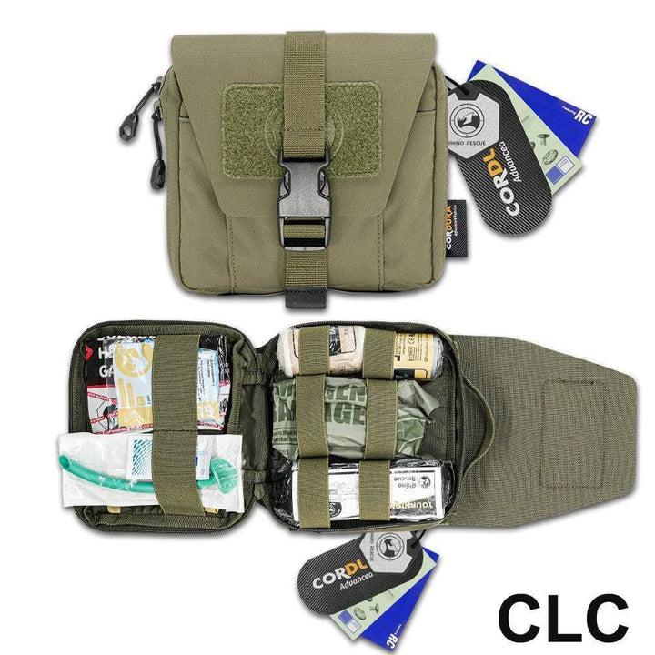 Detailed shot of the durable outer casing of the first aid trauma kit for outdoor use