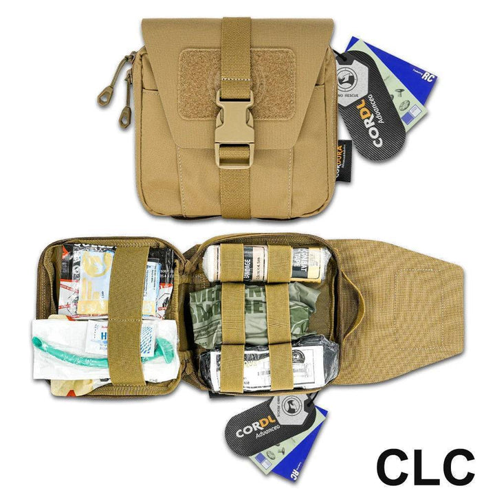 An array of medical supplies from an IFAK kit, essential for tactical outdoor emergency survival