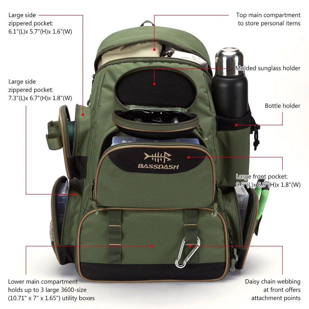 Fishing tackle bag: durable, black tactical backpack with ample storage for fishing gear & tools