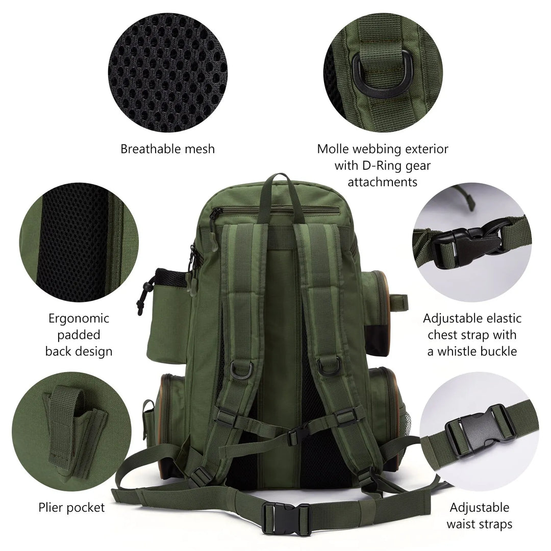 Front view of black tactical fishing backpack, waterproof fabric, molle webbing for extra attachments