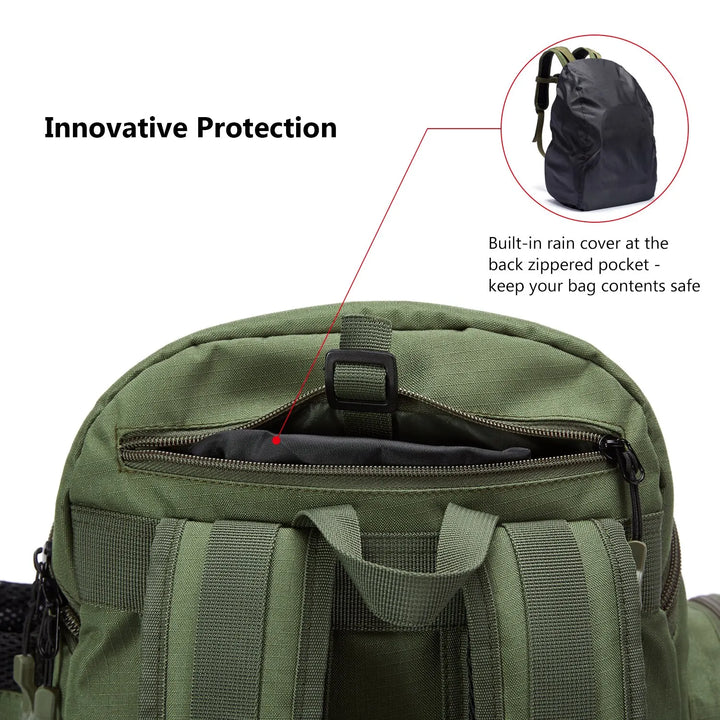 Side view of tactical fishing backpack, waterproof, showing rod holder & zippered pockets, angler ready