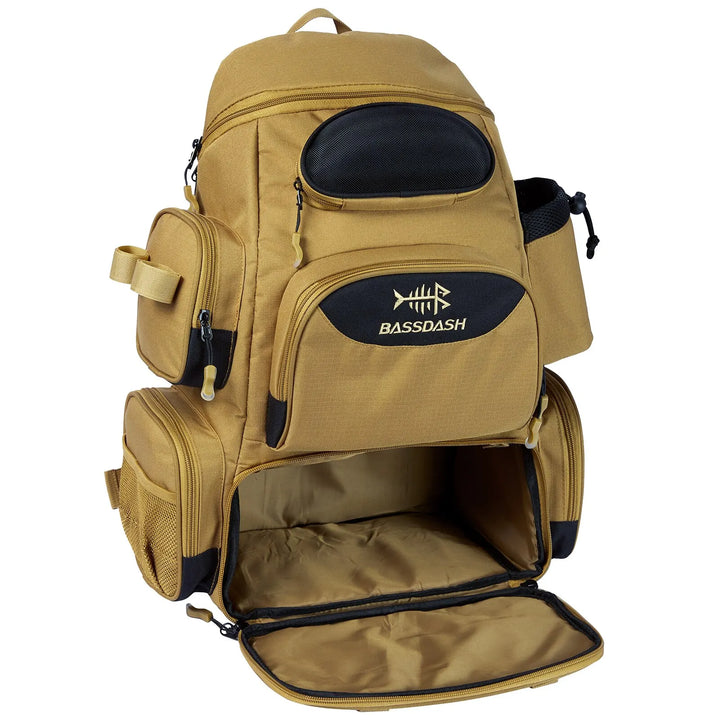 Close-up of tactical fishing backpack's durable zippers and molle system, waterproof design