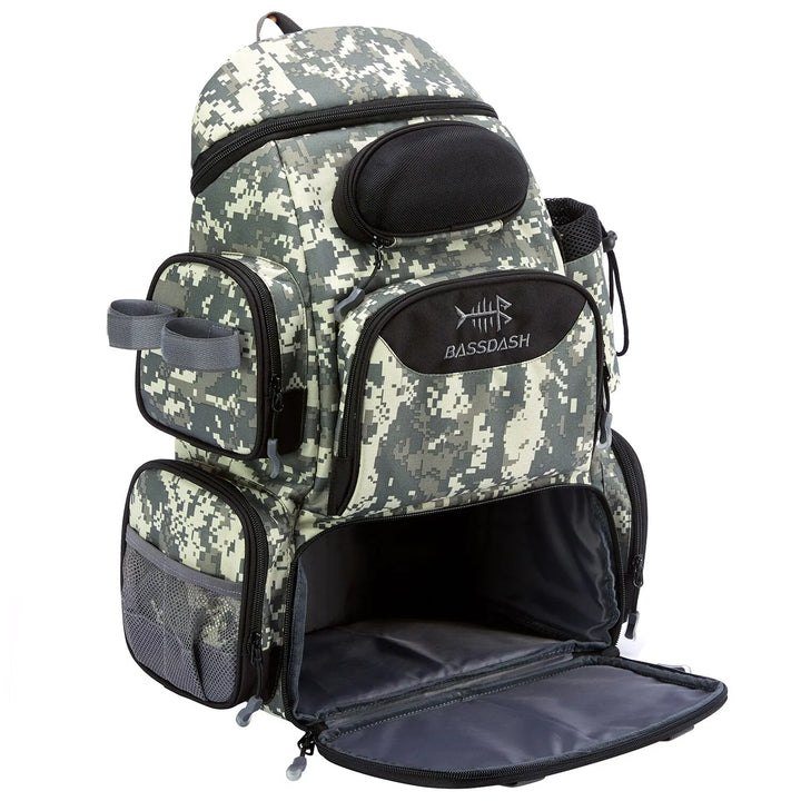 Angler wearing a tactical fishing backpack, waterproof, hiking by a lake, perfect for fishing & camping