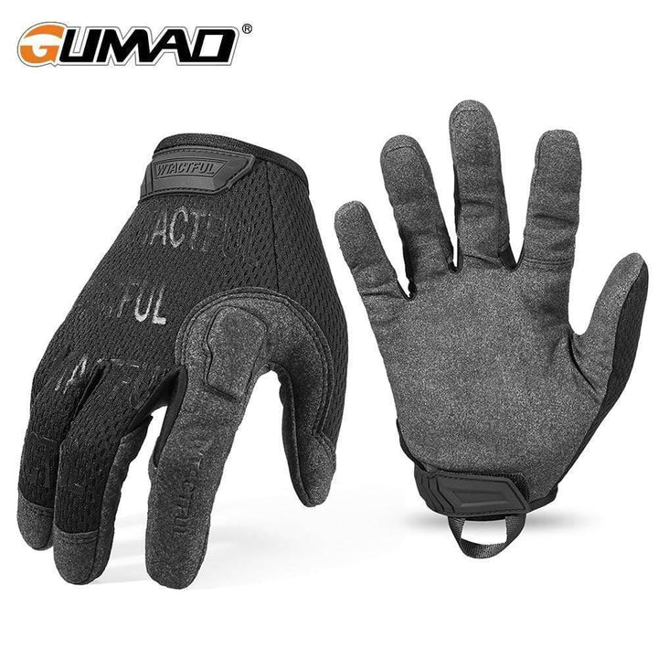 Tactical full finger gloves in black for military, hunting, and outdoor activities, ensuring hand protection.