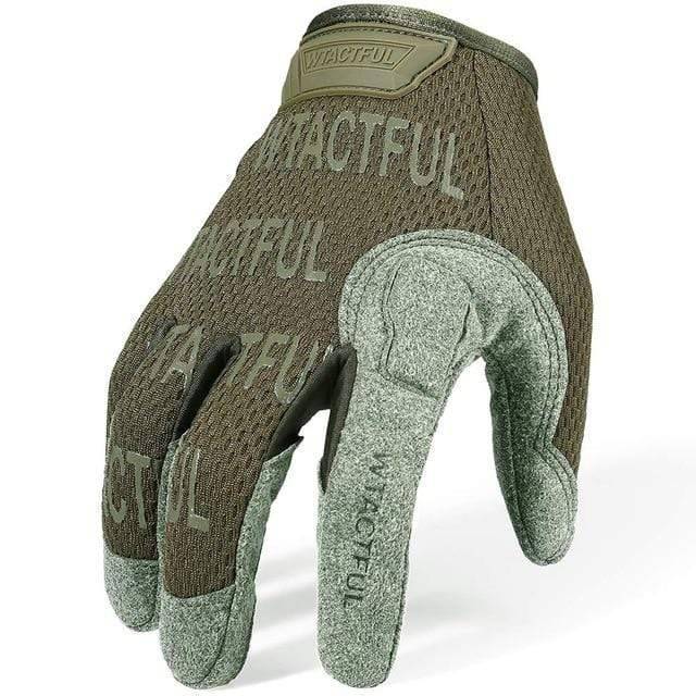 Hiking gloves with touchscreen-compatible fingertips, essential protective gear for military and outdoor activities.