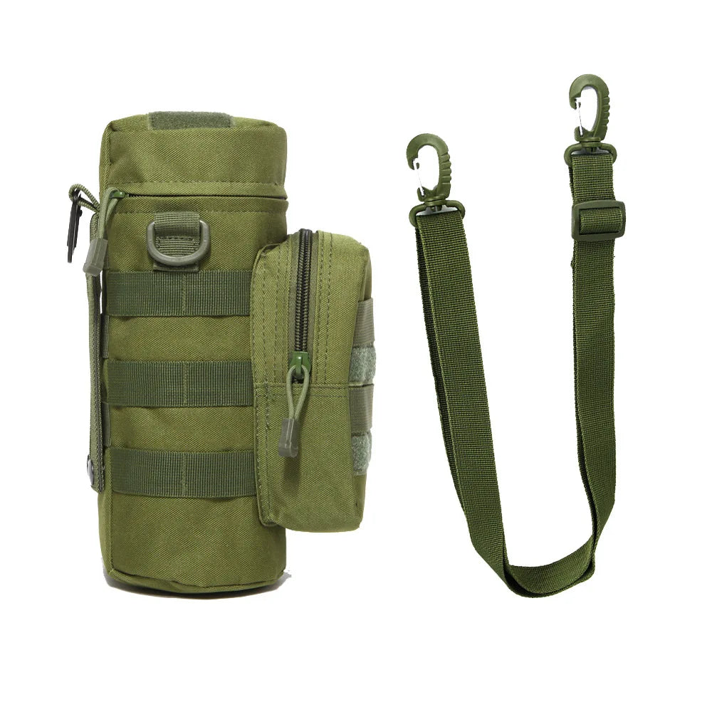 Tactical water bottle pouch made from water-resistant nylon, suitable for all weather conditions.
