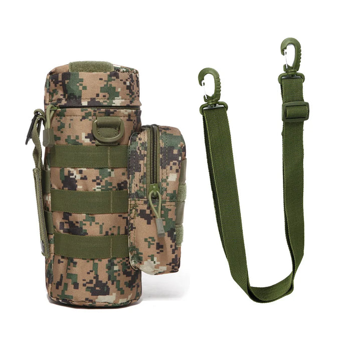 Person demonstrating how to attach a tactical insulated MOLLE pouch to a vest system.