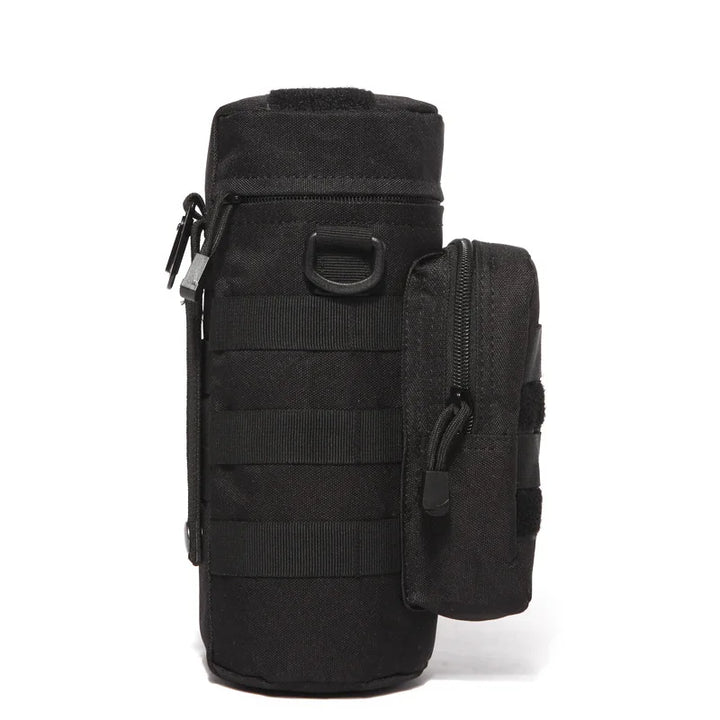 Tactical insulated water bottle pouch with quick-release buckles for easy detachment and reattachment.