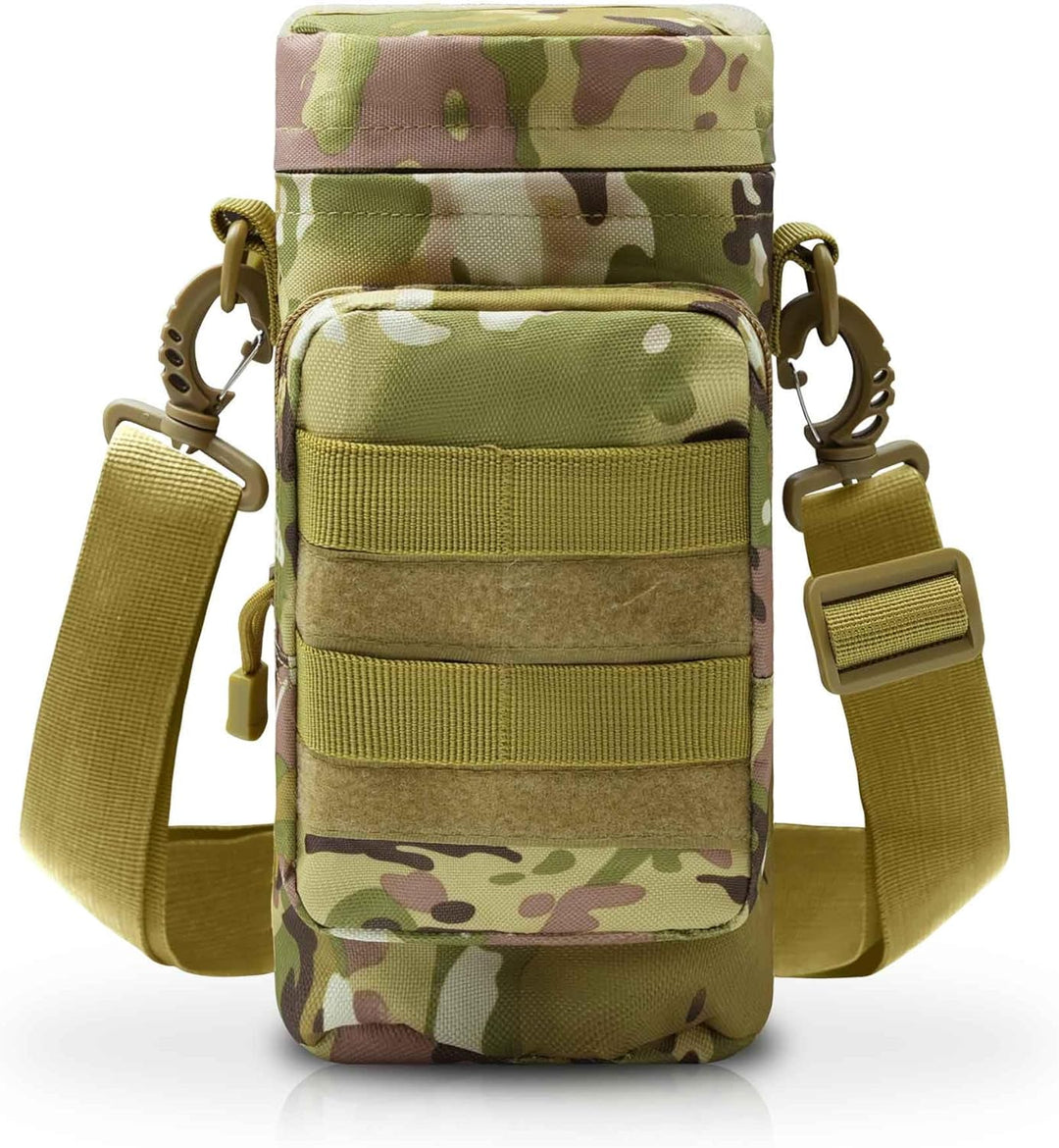 Front view of tactical insulated MOLLE water bottle pouch showing brand logo and high-quality materials.