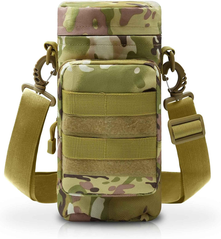 Front view of tactical insulated MOLLE water bottle pouch showing brand logo and high-quality materials.
