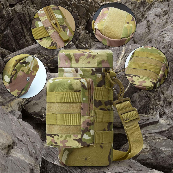 Tactical insulated water bottle utility pouch with main compartment and front accessory pocket.