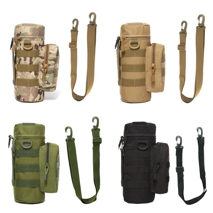 MOLLE water bottle pouch attached to a tactical backpack, illustrating its modular compatibility.