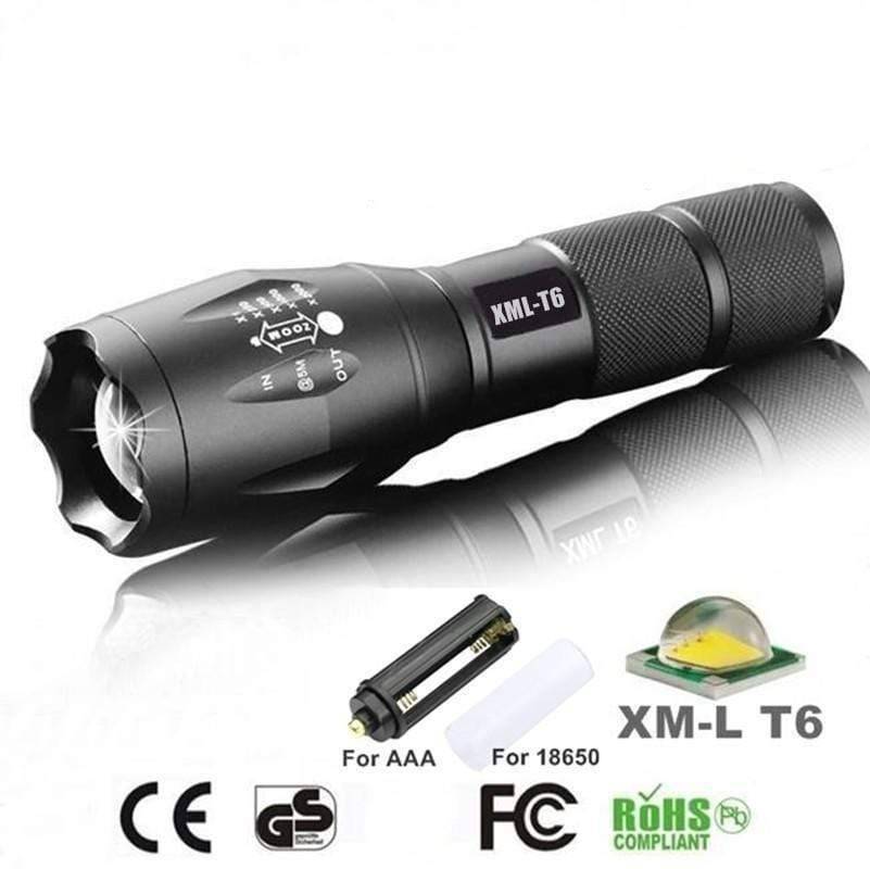 Tactical LED flashlight with zoom function, made of durable aluminum, ideal for outdoor & emergency use