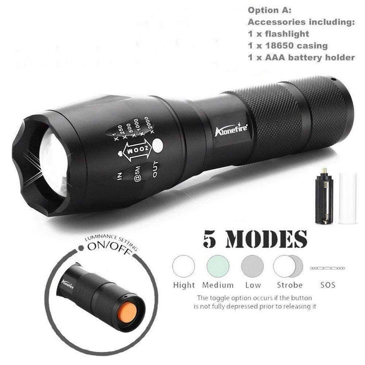 Durable aluminum LED flashlight, portable and zoomable for camping, hiking, and emergency lighting