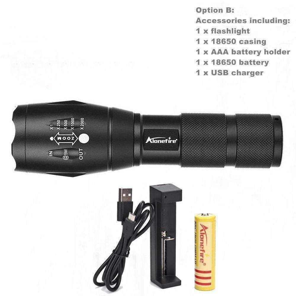 Close-up of a tactical LED flashlight, highlighting its aluminum casing and zoom lens design