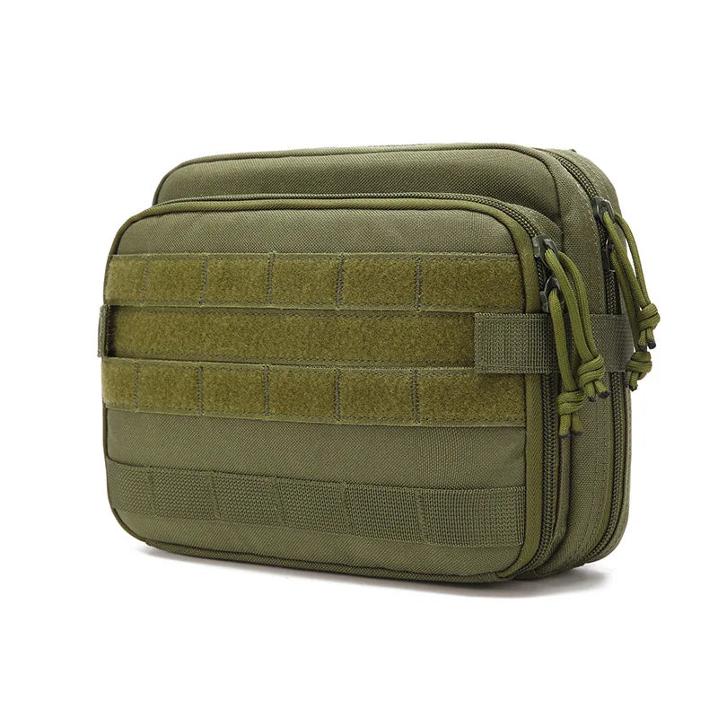 Side view of a rugged MOLLE admin pouch highlighting its slim profile while accommodating magazines and utility items.