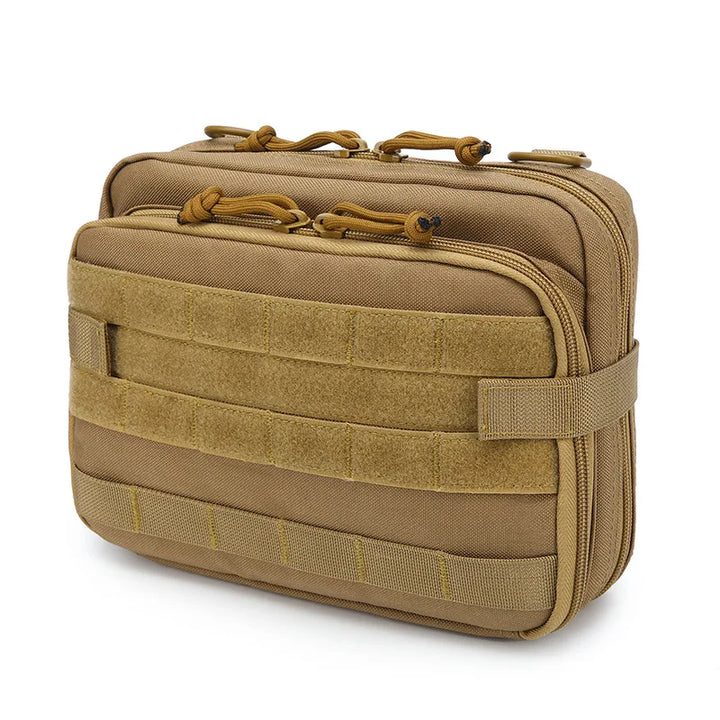 Tan MOLLE admin pouch with integrated magazine holders and multiple utility pockets, ideal for tactical and EDC gear.