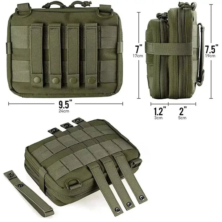 Front view of a Coyote Brown tactical MOLLE admin pouch showing zip closure and accessory loops for survival gear.