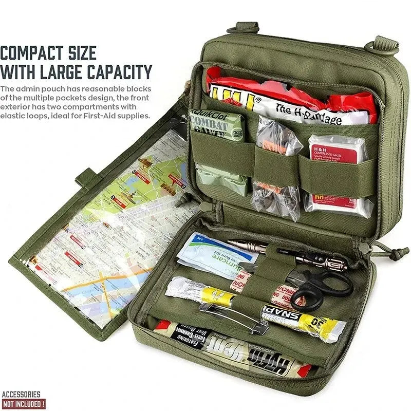 Close-up of a tactical admin pouch displaying internal organization, pen slots, and secure mag storage pockets.