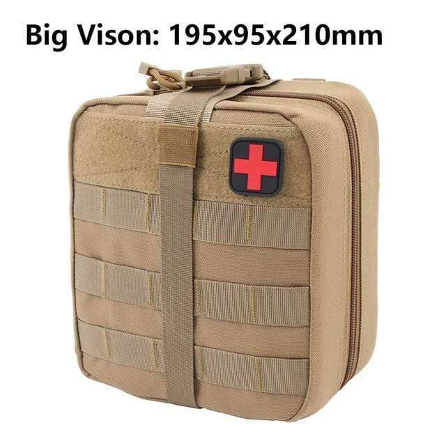 Front view of an empty tactical first aid pouch in black, showing its robust construction for outdoor.