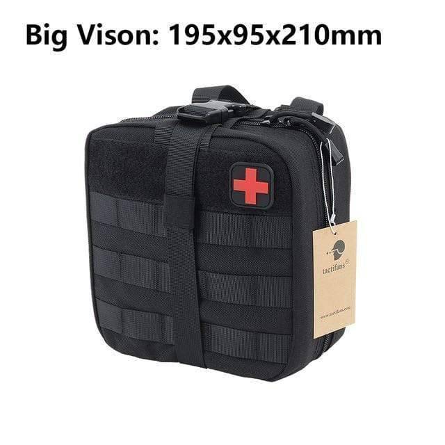 Side view of a compact MOLLE first aid kit, demonstrating its slim profile for tactical and survival gear.