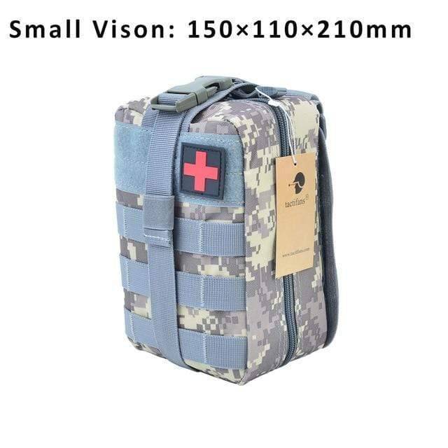 Tactical first aid pouch with a tear-away design, allowing quick deployment in emergency outdoor situations.