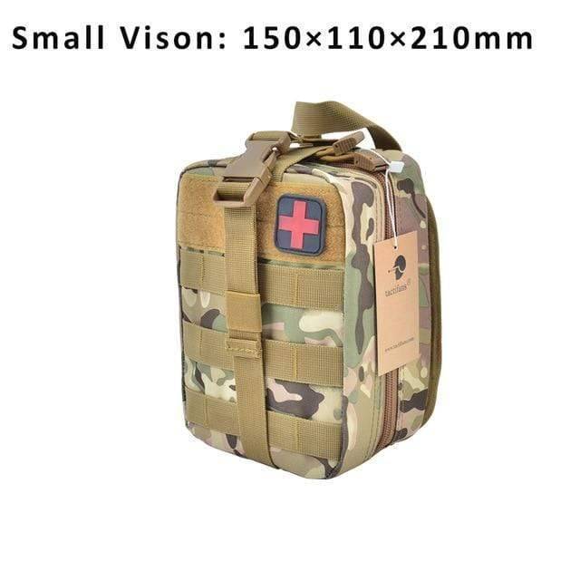Detailed image of the interior organization of a MOLLE first aid kit, optimized for survival supplies.