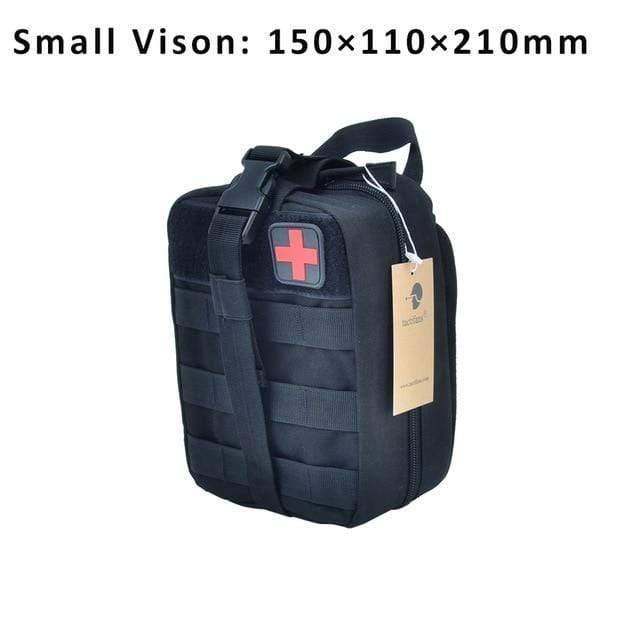 Emergency survival first aid kit, MOLLE compatible, next to hiking boots demonstrating scale and use.