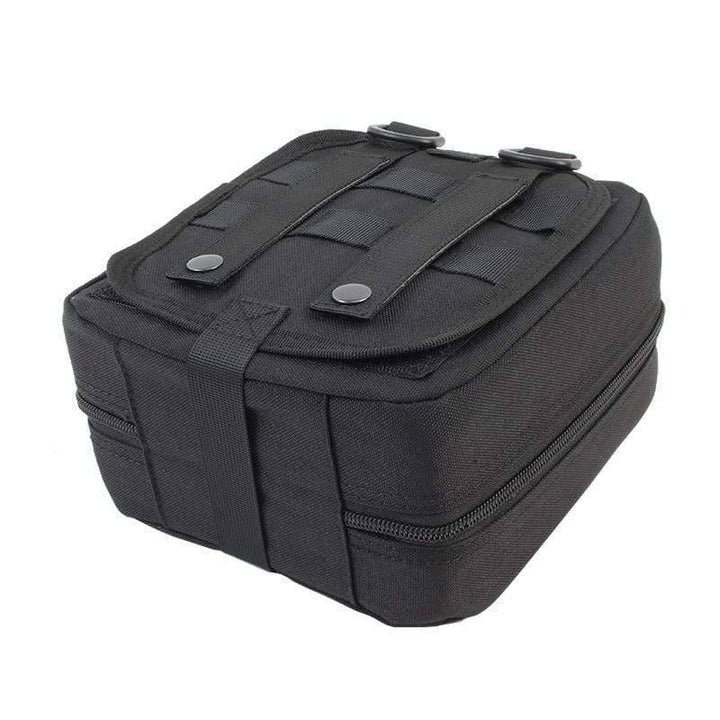 Compact tactical first aid kit with MOLLE straps in tan, perfect for hiking and emergency preparedness.